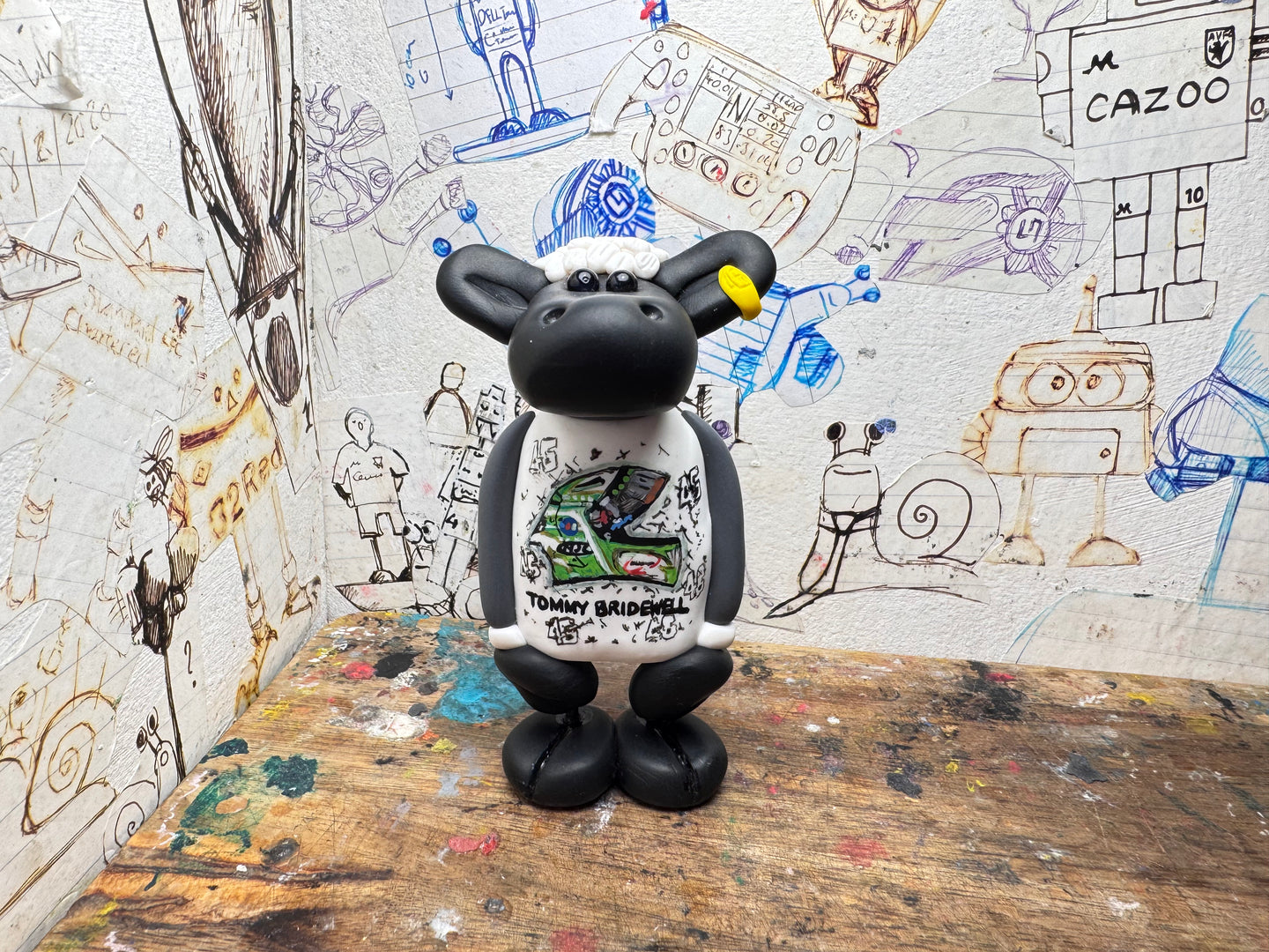 Tommy Bridewell sheep with a drawing of Tommy Bridewell at the front