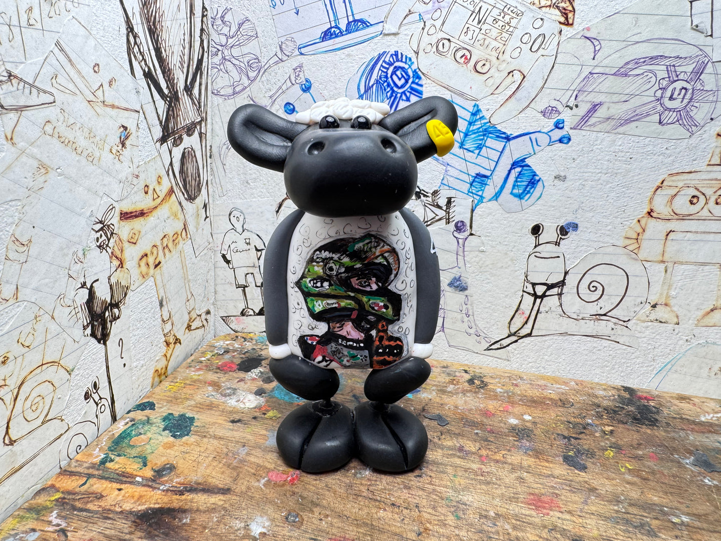 Tommy Bridewell sheep with a drawing of Tommy Bridewell at the front